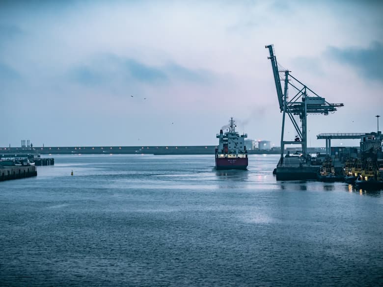 Un buque de carga pasa junto a una grúa portuaria al entrar en un puerto, bajo un cielo nublado.